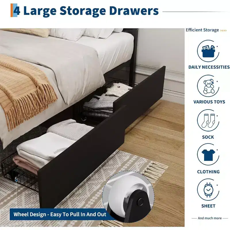 Boho Cane Bed Frame with LED Headboard (7 Colors), 4 Large Drawers, Metal Slats, No Box Spring Needed