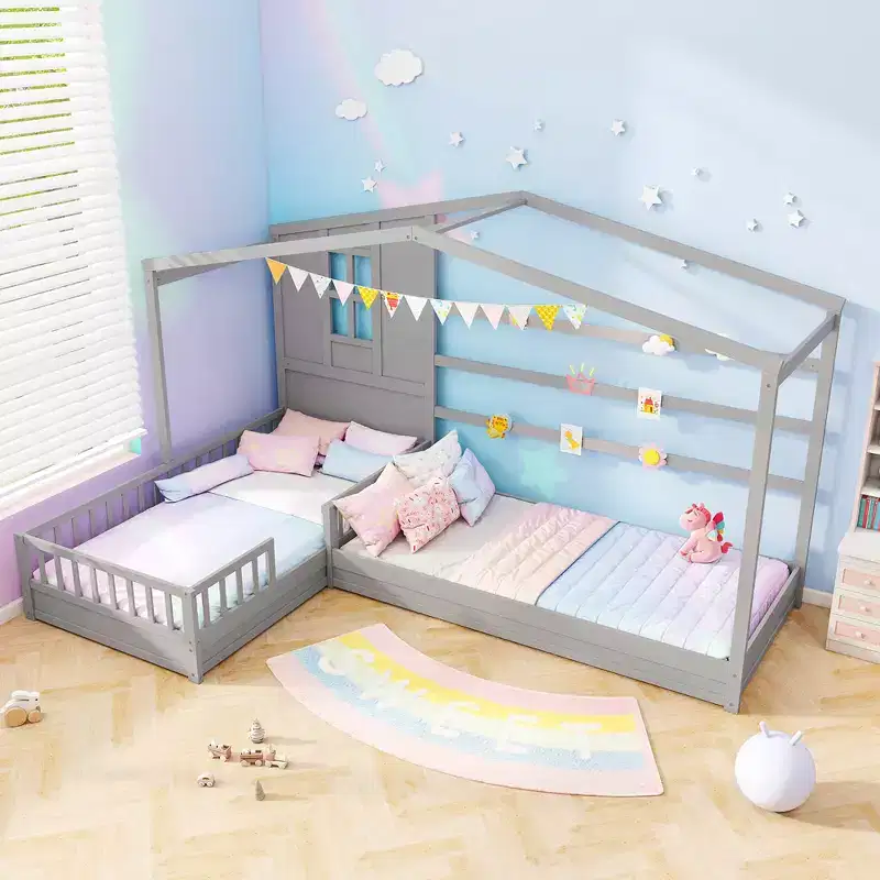 Costway L-shaped Double Twin Beds House Platform Beds w/ Window & Fences ray