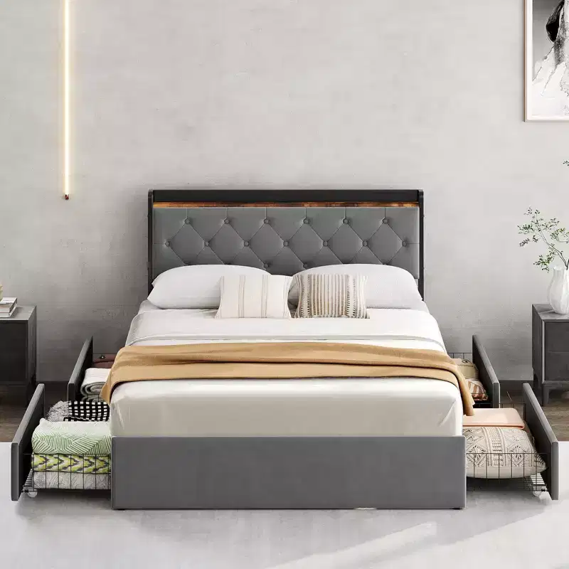 Velvet Bed Frame with Four Storage Drawers and USB Charging Station, Greey Bed Frame with Storage Headboard and Wooden Slats Support