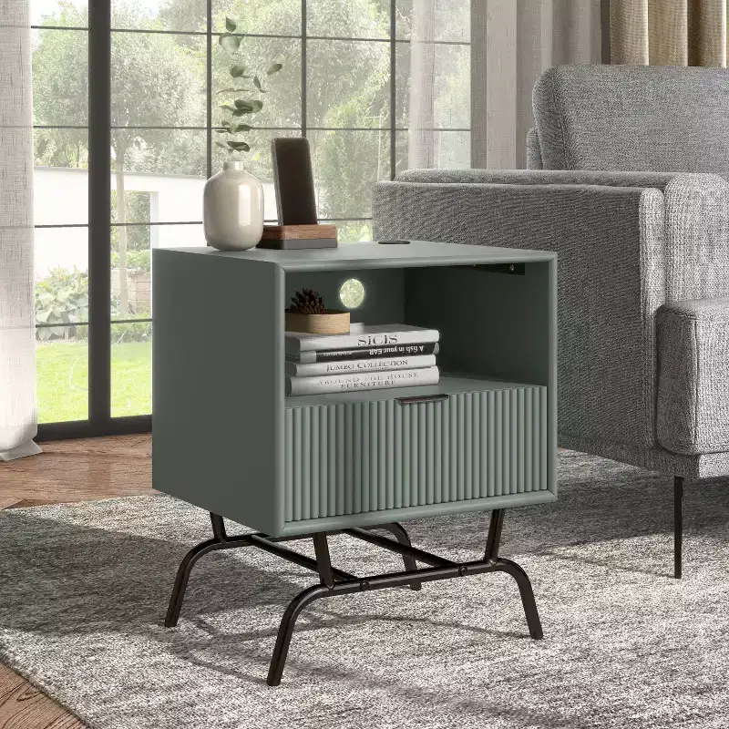 Modern Side Table with USB Ports, 1 Drawer & Open Shelf, Black & Green, 18