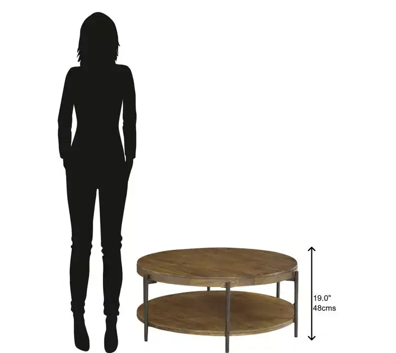 Round Coffee Table with Mango Wood Top and Forged Iron Base