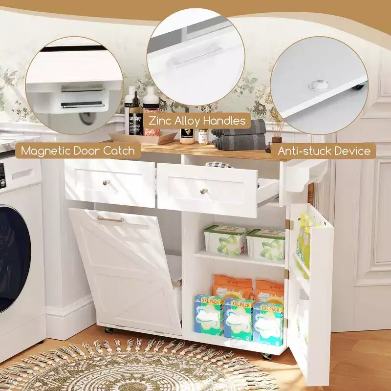 Costway Rolling Kitchen Island Kitchen Island Cart with Drop Leaf Trash Can Cabinet Black/White