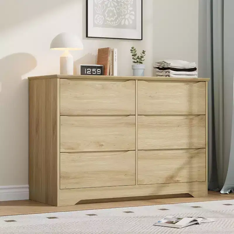 GustoWave Modern Closet, Wooden Storage Dresser with 6 Drawers for Bedroom, Living Room, Hallway, Natural