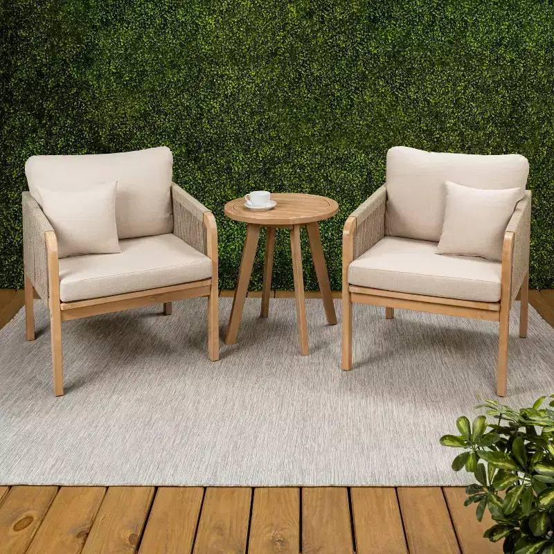 Aveiro 3-Piece Modern Bohemian Roped Acacia Wood Conversation Outdoor Patio Set with Cushions - JONATHAN Y