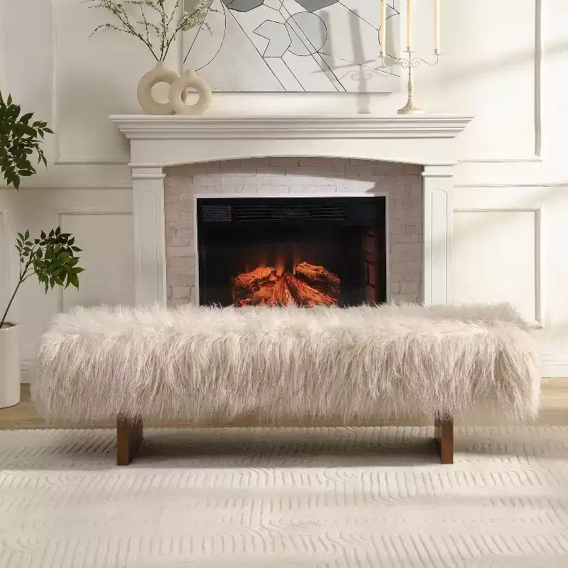 Upholstered Ottoman Bench, Long-Haired Faux Wool with Solid Rubber Wood Legs, Brown