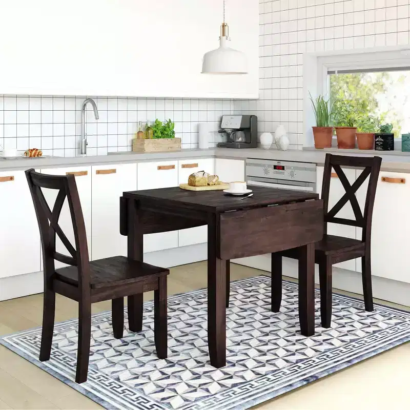 MAYEERTY 3-Piece Wood Drop Leaf Dining Table Set, 2 X-back Chairs Breakfast Nook Table for Small Places, Espresso