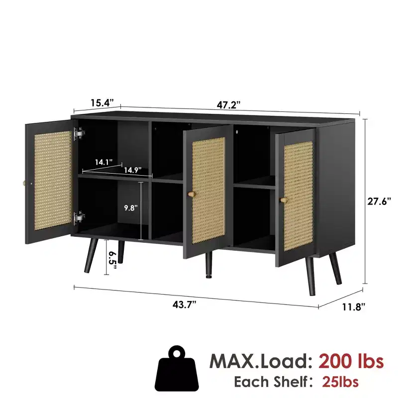 Rattan Cabinet, Buffet Cabinet with 3 Doors and Adjustable Shelves, Sideboard Buffet for Hallway, Entryway, Living Room, or Kitchen