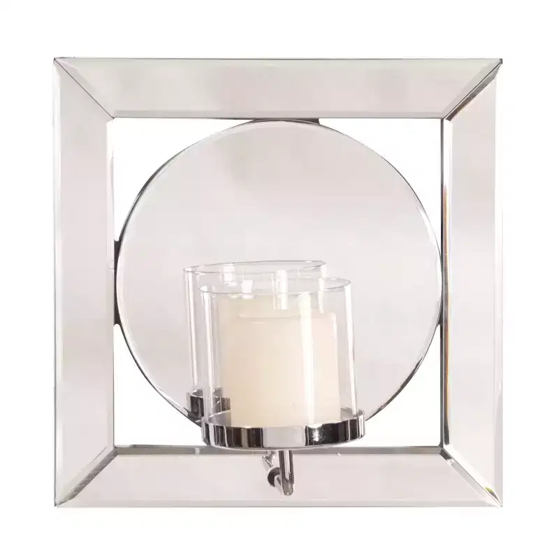Square Wall Mirror with Chrome Candle Holder - Silver, 12 x 12 in.