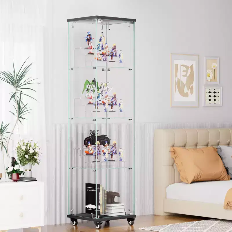 Okak Display Cabinet with Glass Door and Acrylic Shelves, Storage Cabinet with Lock and Wheels, Cabinet for Living Room, Bedroom