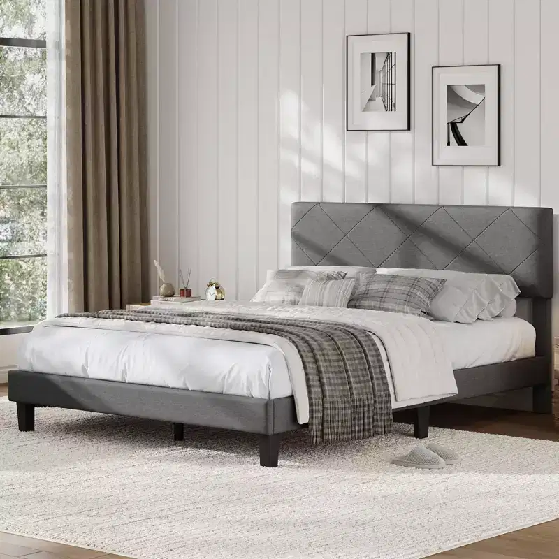 Bed Frame with Upholstered Headboard, Wooden Slats Support, Easy Assembly Mattress Foundation, No Box Spring Needed & Noise Free, Dark Grey