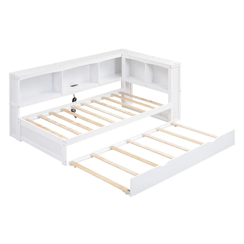 Twin Wooden Daybed with Trundle, Cabinets, and Charging Stations