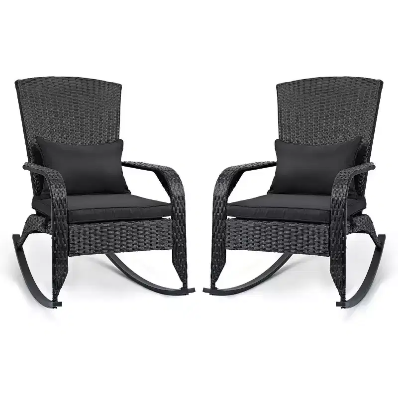 Probe Hues 2-Pack Outdoor Wicker Rocking Chairs with Cushions & Back Pillows, Powder-Coated Steel Frame, Porch/Patio Rockers
