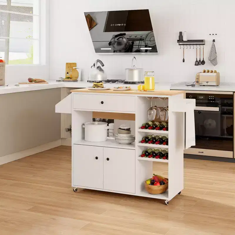 Drop Leaf Kitchen Island Cart with Power Outlet, Microwave Shelf, and Mobile Storage