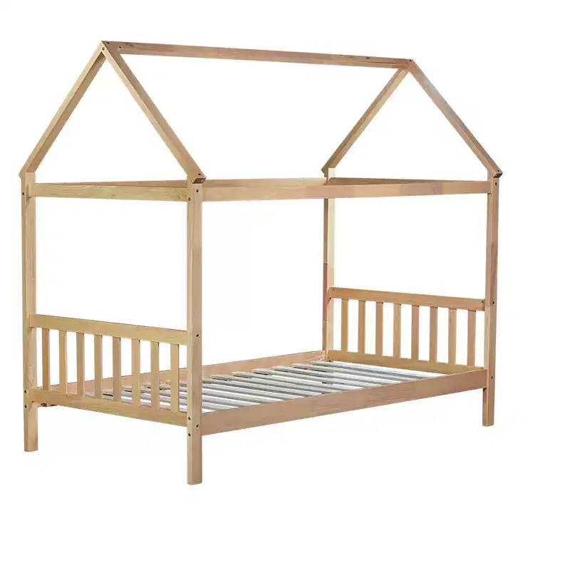 Twin Rubber Wood Bed with House Frame Beige