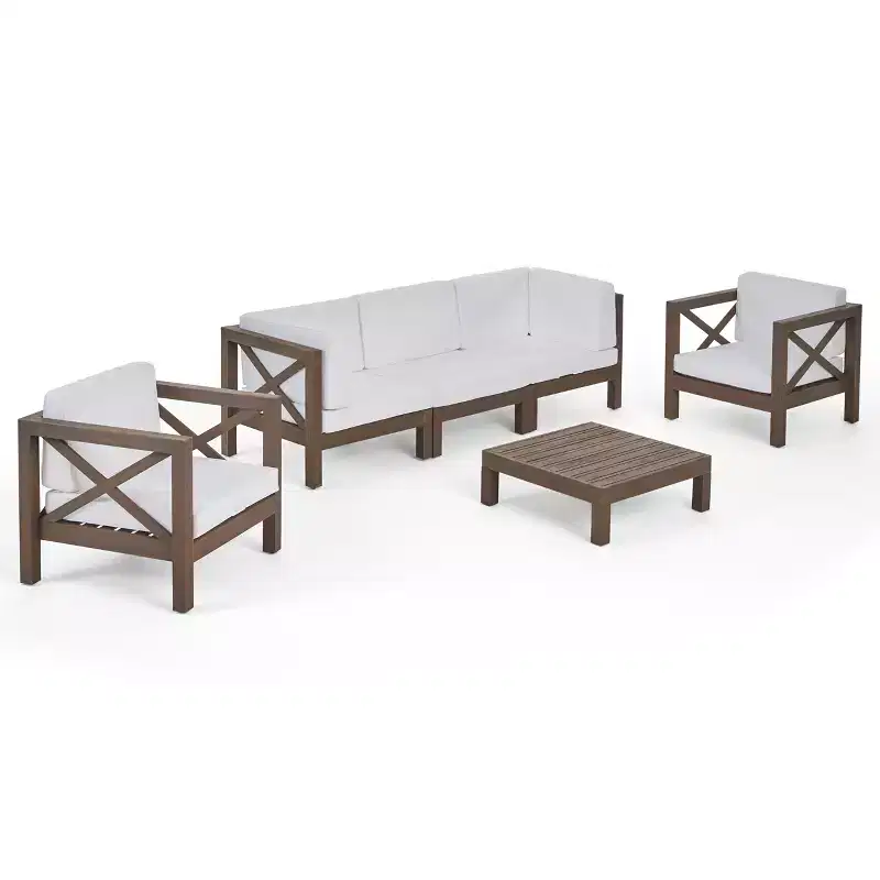 Christopher Knight Home Malcolm Outdoor 5 Seater Acacia Wood Sectional Sofa Set with Coffee Table and Cushions