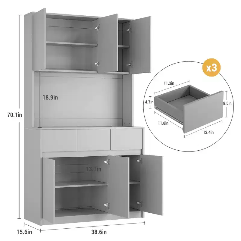 Led Lights, Power Outlets, Modern Kitchen Pantry Cabinet, Adjustable Shelves,