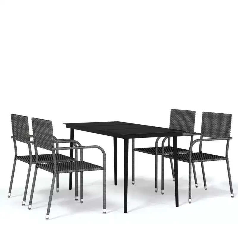 vidaXL Garden Dining Set Black PE Rattan, Powder-Coated Steel, Glass - Gray - 55.1 Table Length - 4 Items