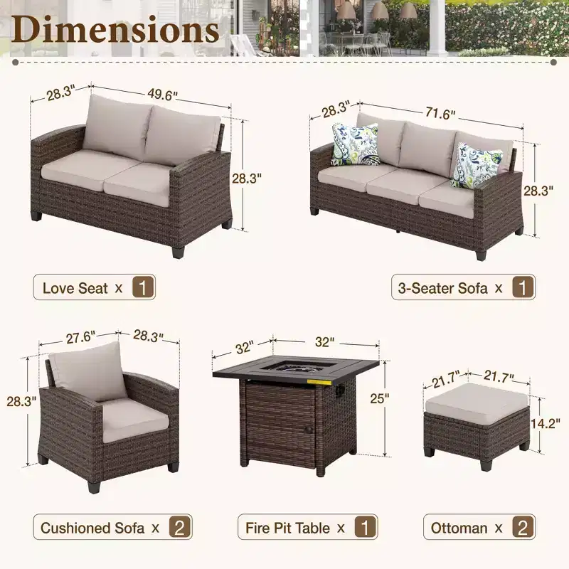 Captiva Designs 7pc Outdoor Patio Wicker Rattan Cushioned Fire Pit Set with Ottomans and Loveseat