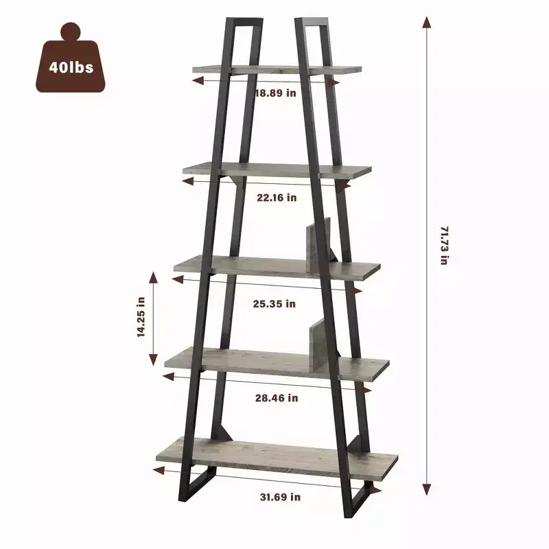 5-Tier A-Shaped Bookshelf, A-Shaped Bookcase Industrial Ladder Shelf Open Display Shelves with Metal Frame, Plant Stand Shelf Living Room, Office
