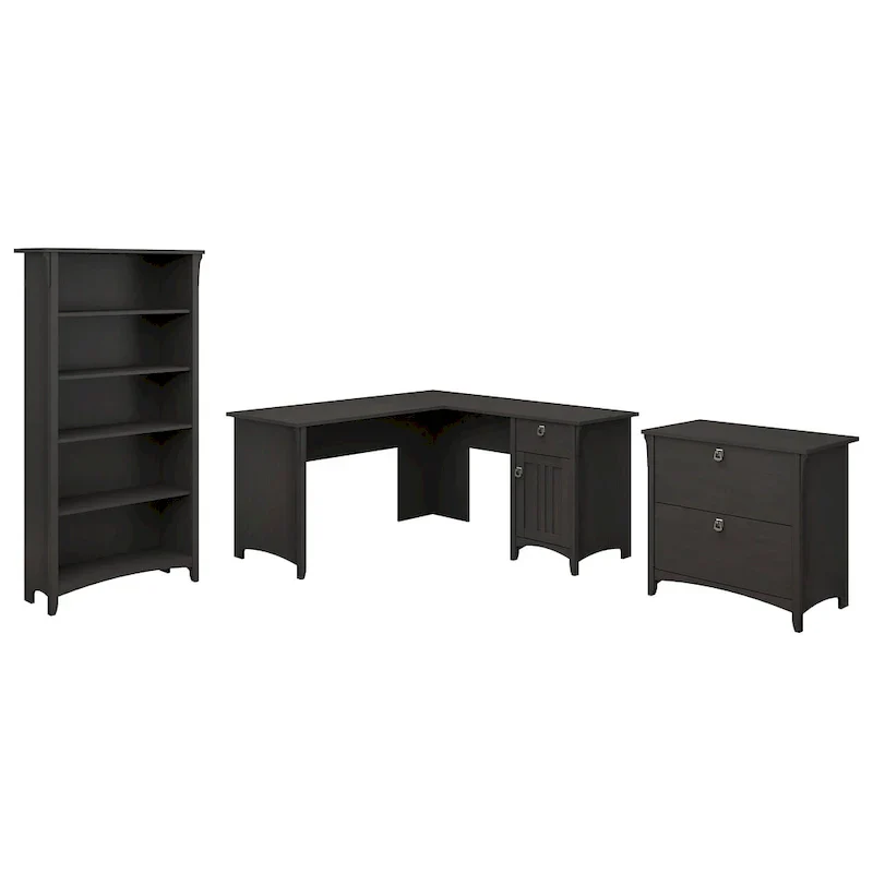 Vintage Black L-Shaped Desk with File Cabinet & Bookcase, 1-Person