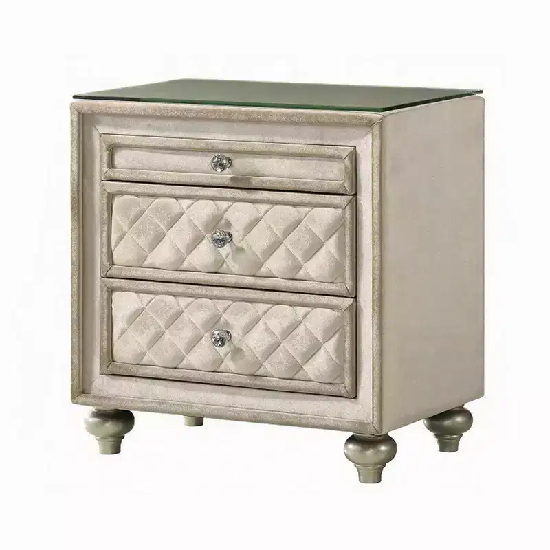 Nightstand, 2 Drawers, Pull Out Tray, 27 Inch Wood, Beige Velvet