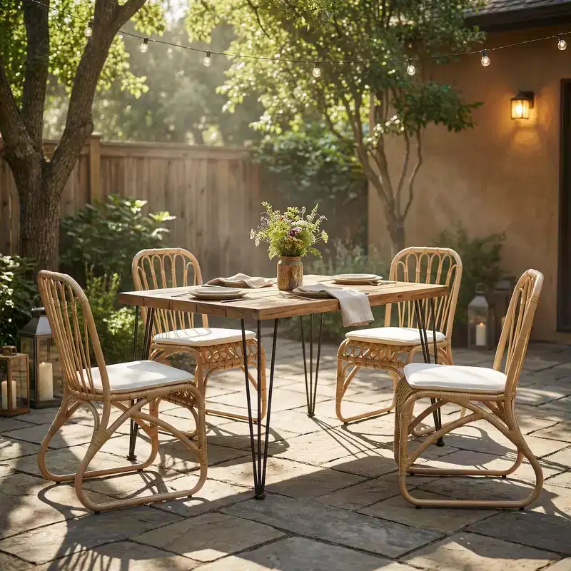 Christopher Knight Home Camille Boho 5 Piece Patio Acacia Wood Rattan Dining Set with Cushions