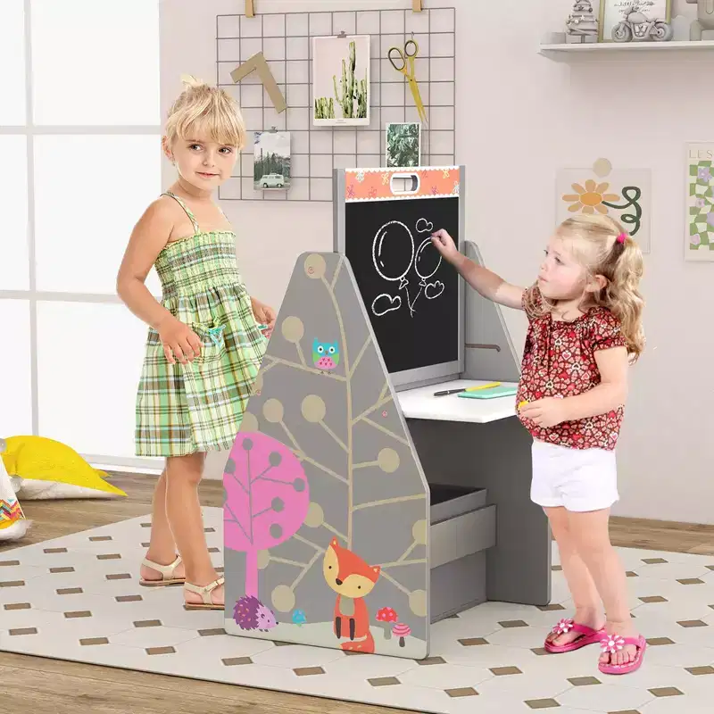 Costway Kids Table & Chair Set with Rotatable Double-sided Magnetic Blackboard & Whiteboard Grey/White