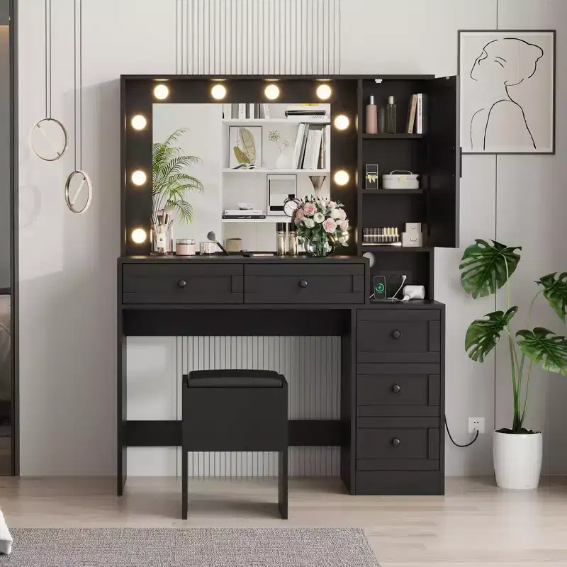 Vanity Desk with LED Mirror, Stool, Charging Ports and Storage Drawers