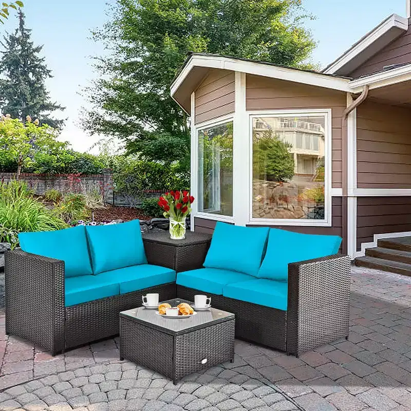 Costway 4PCS Outdoor Patio Rattan Furniture Set Cushion Loveseat Storage Table Turquoise\Red