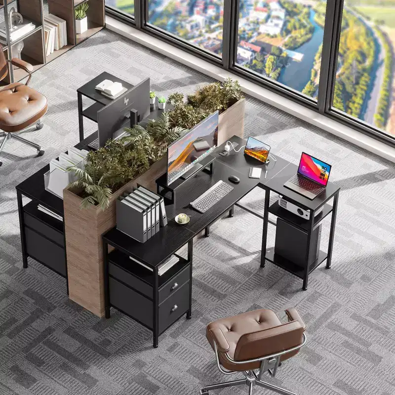 50 Inch Black L Shaped Computer Desk with Charging Station, Reversible Corner Gaming Desk, File Cabinet, Monitor Stand & Storage
