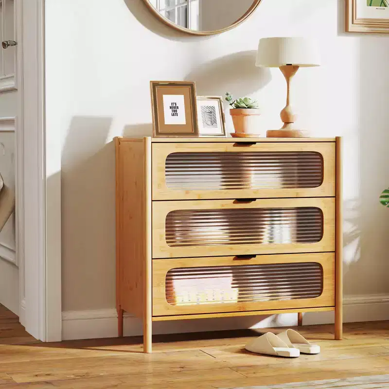Costway 3-Drawer Dresser with Reeded Tempered Glass Front Bamboo Storage Cabinet