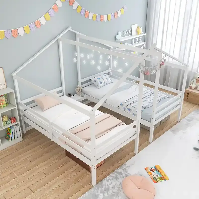 Double Twin Size House Bed for Kids with Built-in Nightstand & USB
