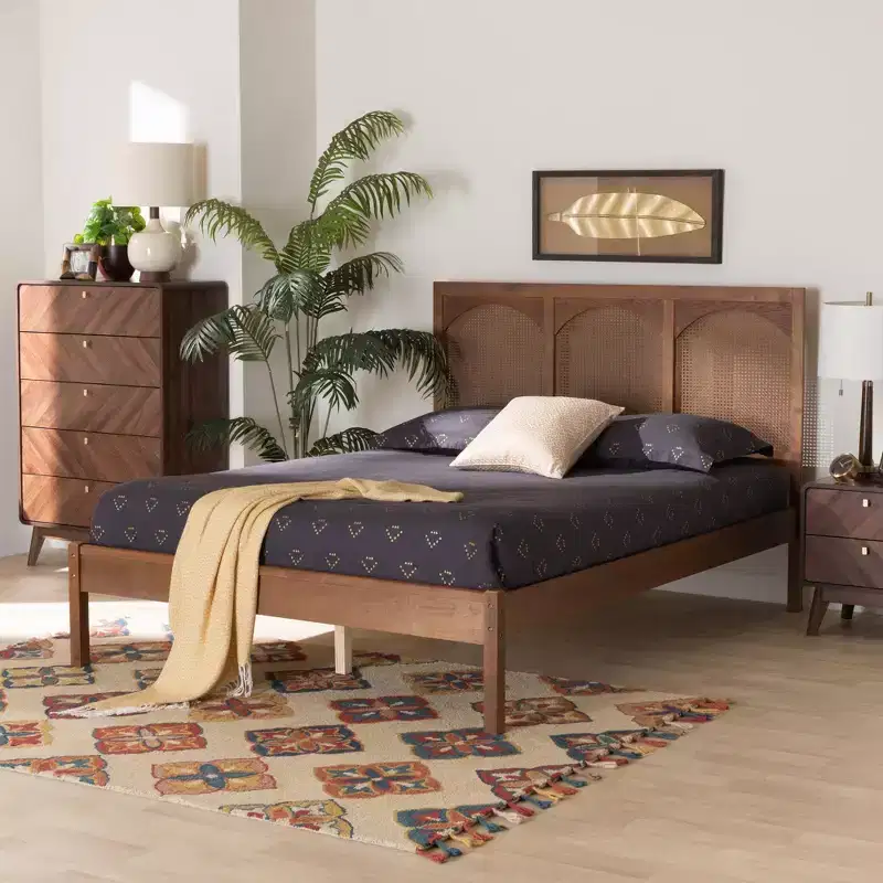 Baxton Studio Blossom Classic and Traditional Ash Walnut Finished Wood and Rattan Queen Size Platform Bed