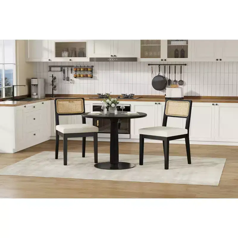 Rattan Dining Chairs Set of 2, French Country Kitchen Chairs w/ Wooden Legs, Ergonomic Mid Century Side Chairs