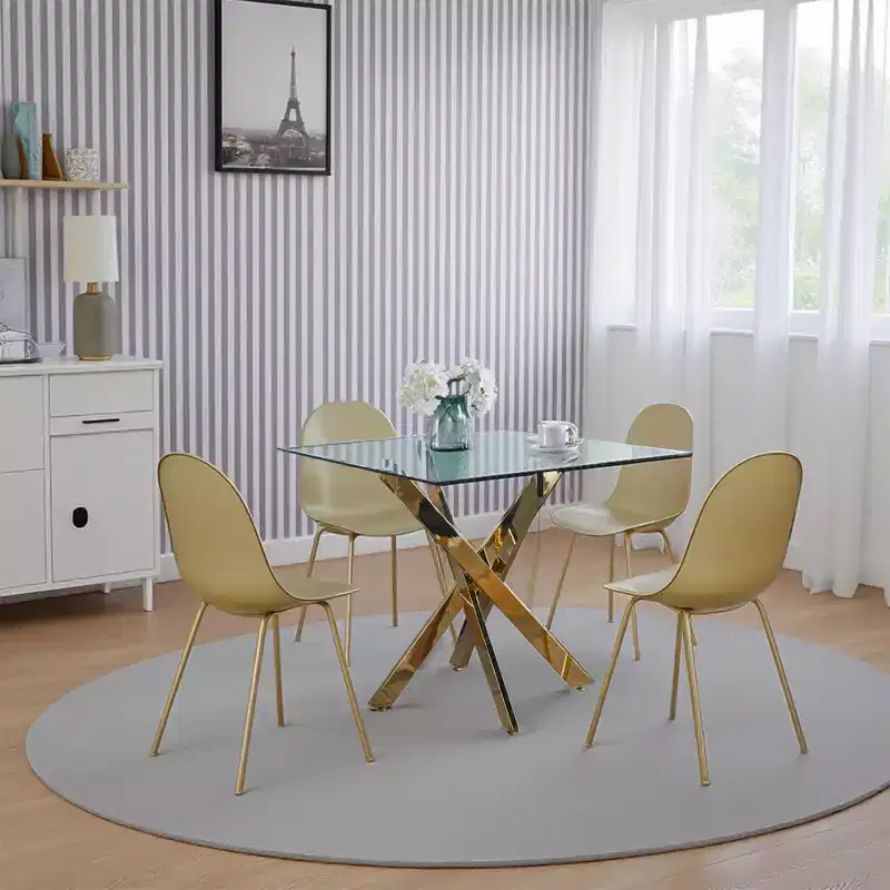Round Tempered Glass Dining Table with Cross Metal Legs - Space-Saving Living Room Table