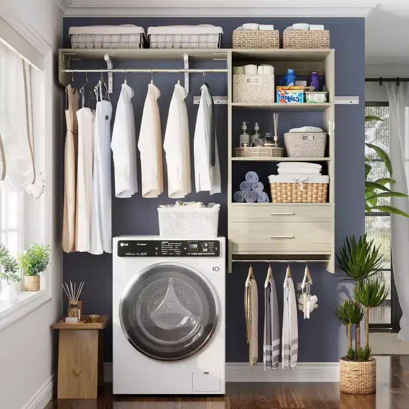 Besiost Closet Organizer System with Wood Drawers, Wall-mounted Laundry Room Storage Shelving
