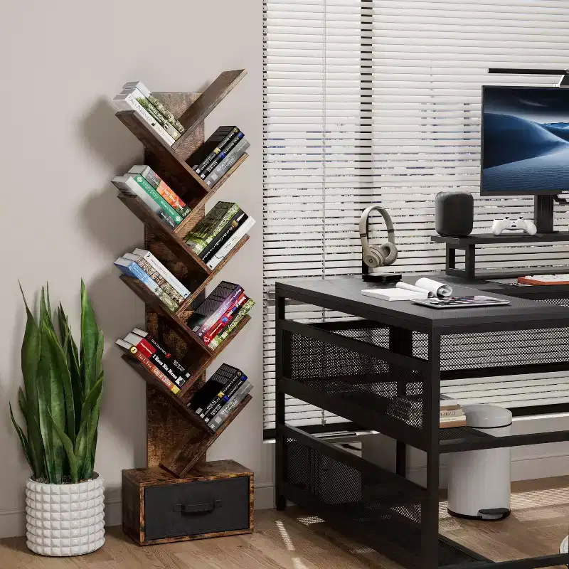 9-Tier Tree Bookshelf with Drawer – Rustic Brown, Free-Standing, for Living Room or Bedroom