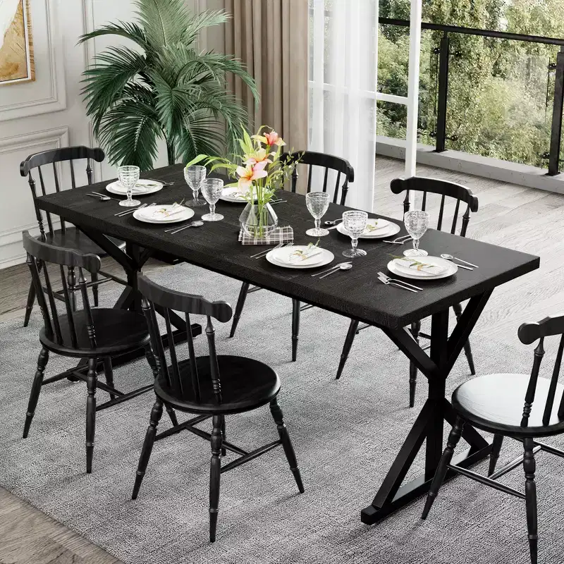 Dyonery Farmhouse Dining Table for 6 People, 70.8 Inch Rectangular Wood Dining Table with Extra Heavy Duty Metal Legs
