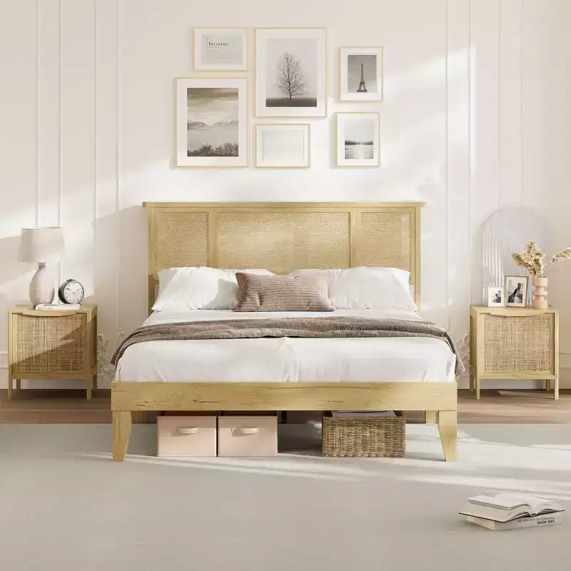 Wood Metal Rattan Headboard Platform Bed Frame with 11.8