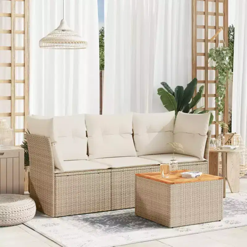 vidaXL 4 Piece Patio Sofa Set with Cushions Beige Poly Rattan - Beige and Cream