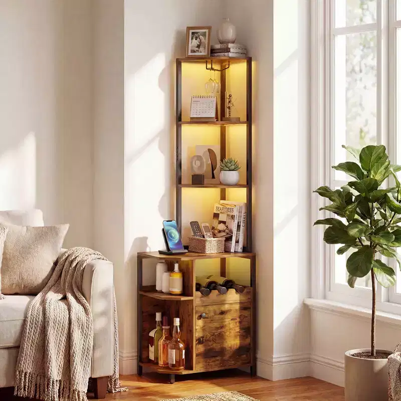 Corner Bar Cabinet with LED Lights, Charging Station, Glass Holder and Open Shelves, 61.5