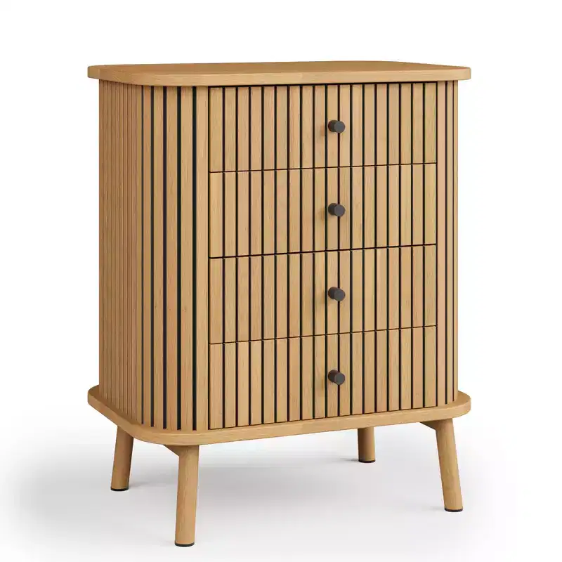 COZONY 4 Drawer Dresser, Boho Wicker Chest of Drawers with Matte Black Handles and Wood Legs for Bedroom, Living Room, Hallway