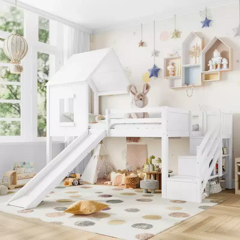Wood Twin Loft Bed with Slide, Removable Desk & Storage Stairs