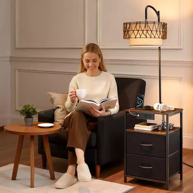 VEVOR Floor Lamp with Table, 2-Tier End Table with 2 Drawers and 3 Color Temperature LED Bulb,Modern Side Nightstand Bedside Desk with USB,Brown&Black