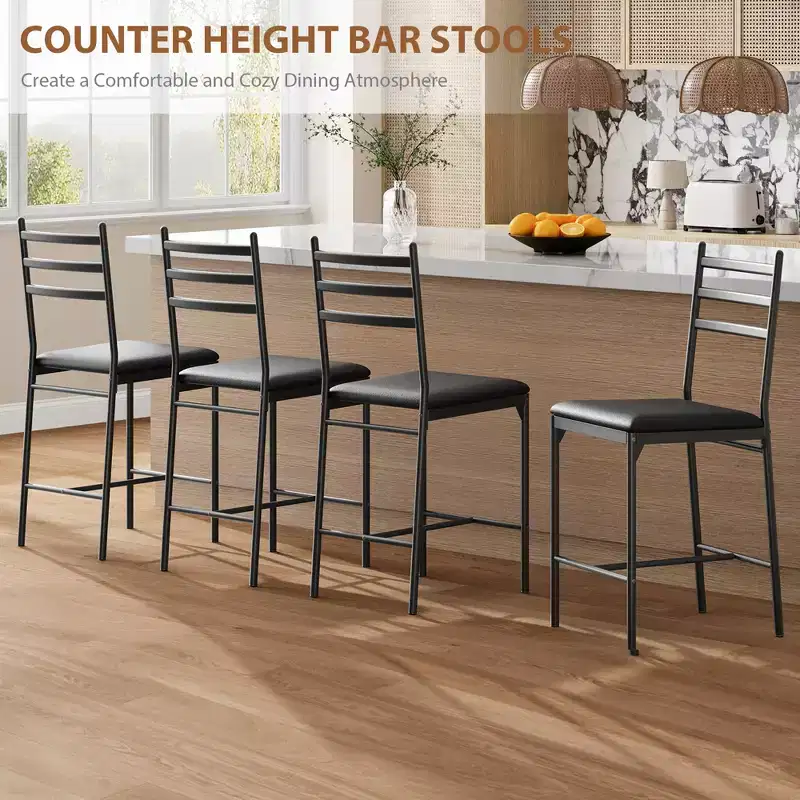 Bar Stools Set of 4, Counter Height Bar Stools Metal Dining Chairs with Back and Thick Cushion PU Leather Restaurant Dining Room Chairs