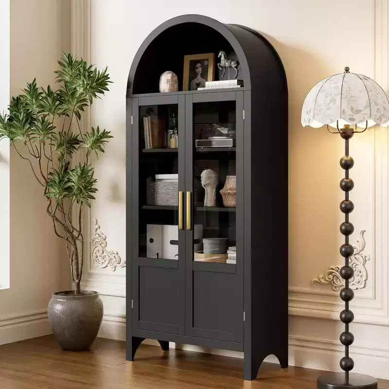 Tall Wooden Cabinet Arched Storage Cabinet with 2 Doors and Shelves for Living Room