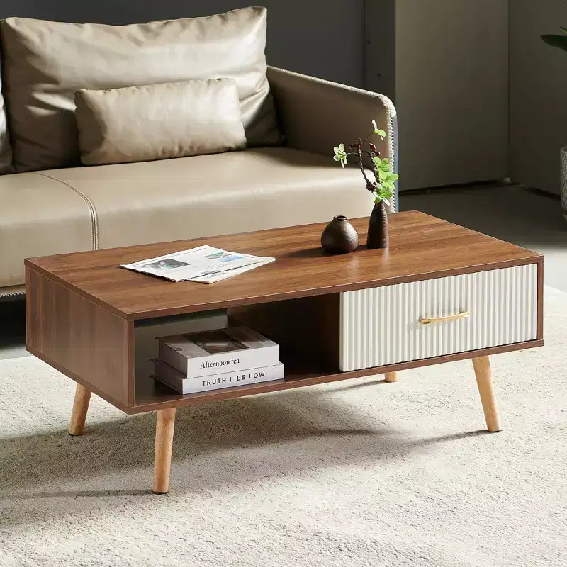 MAYEERTY Rectangle Coffee Table with Solid Wood Legs Sliding Drawer for Storage Modern Table for Living Room