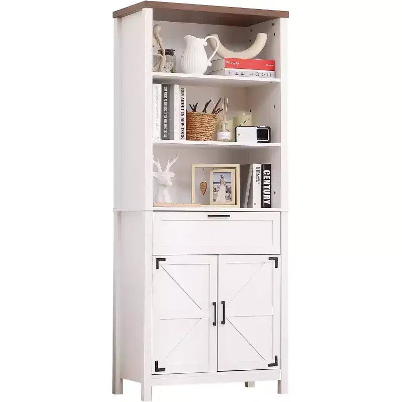 COZONY 72 Tall 6-Tier Farmhouse Bookshelf with Doors, Cabinet & Drawer  Wooden Bookcase with Adjustable Shelf for Living Room, Kitchen & Bedroom