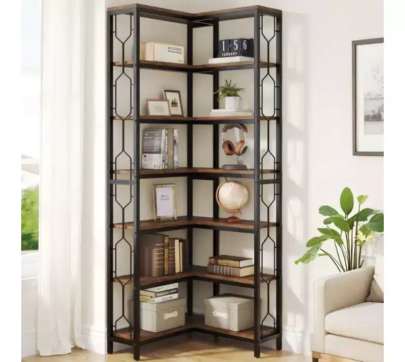 Lantine 78.7-Inch 7-Tier Corner Shelf, Tall Industrial Bookcase and Display Shelf with Storage for Living Room, Bedroom, Home Office, Brown