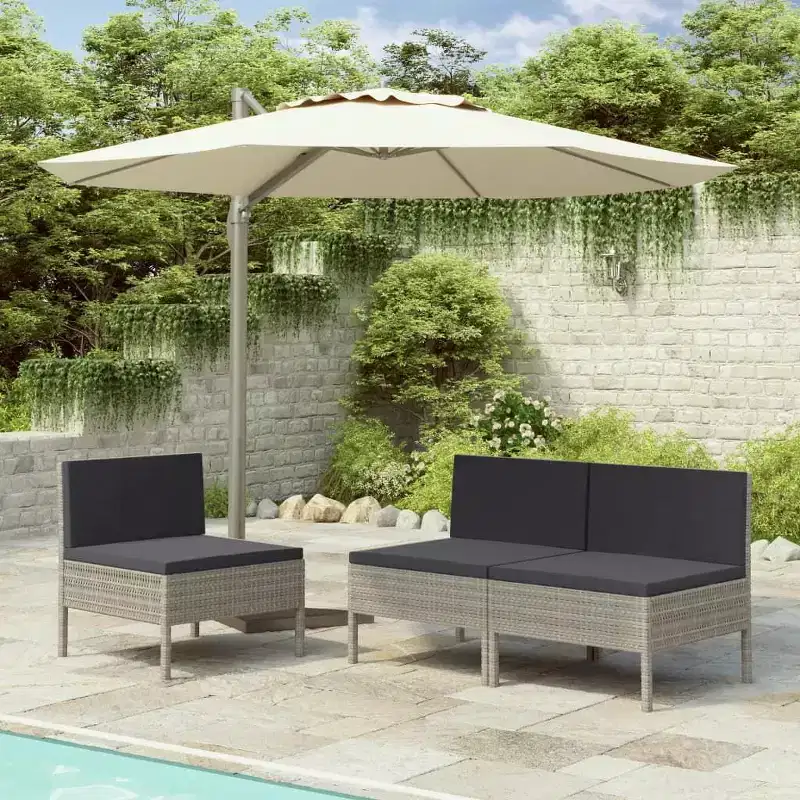 vidaXL Patio Chairs 3 Pcs Rattan Conversation Chair with Cushions Poly Rattan